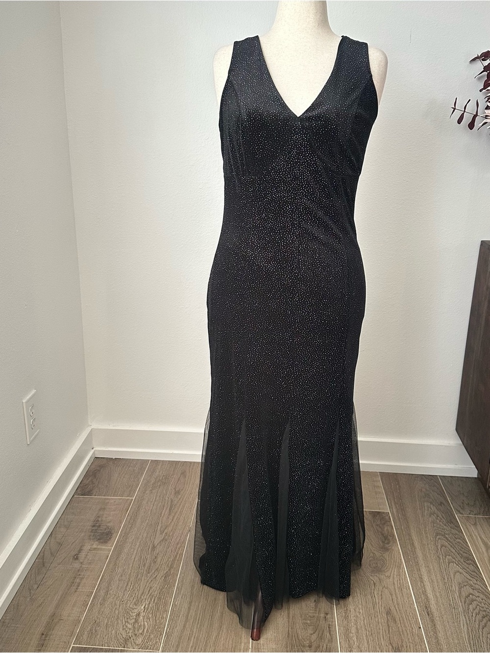 Candalite Black Sparkle V-Neck Velvet Maxi Dress Evening Gown Whimsygotb